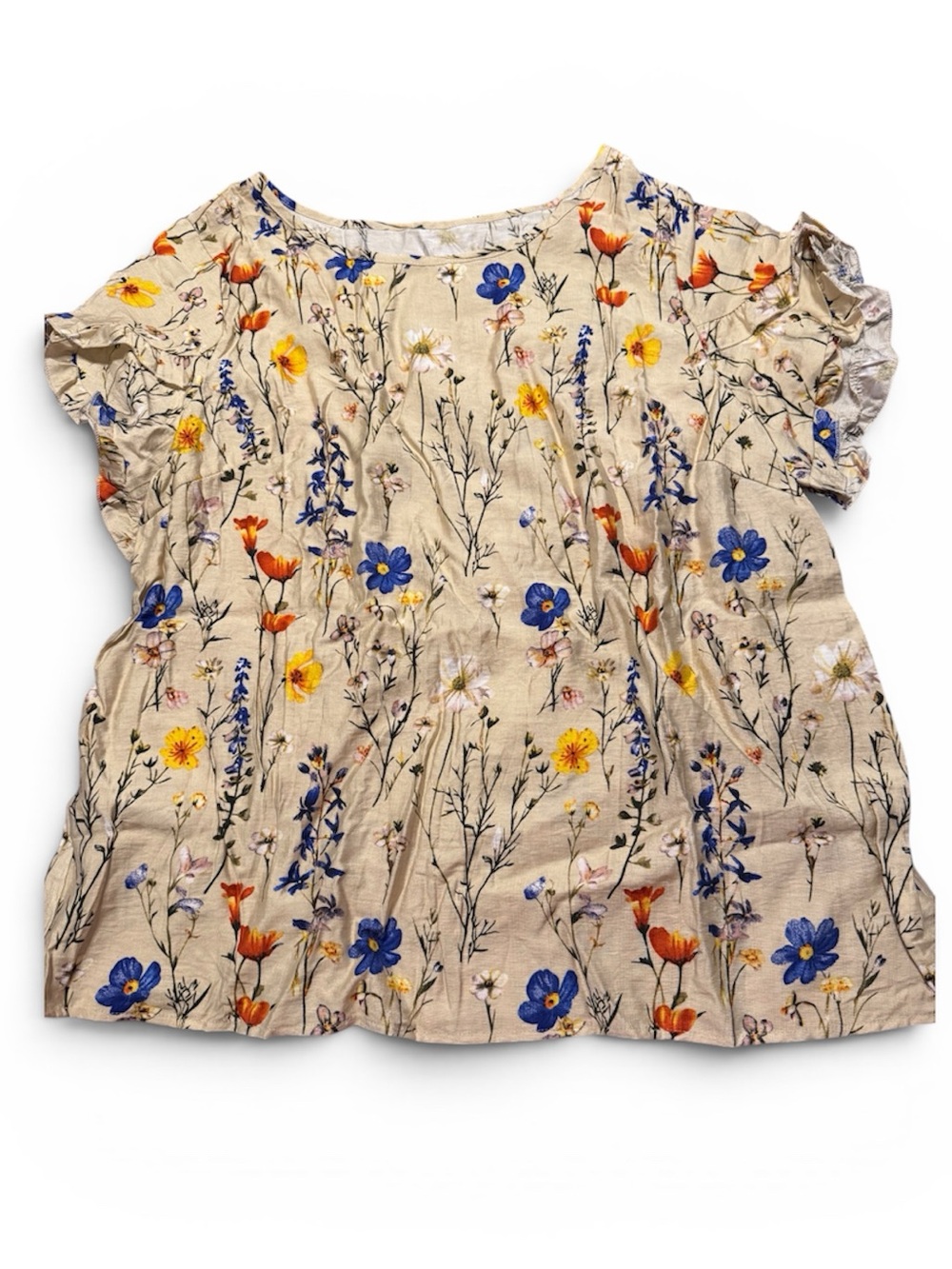 SHEIN Beige Floral Blouse with Blue & Orange Accents